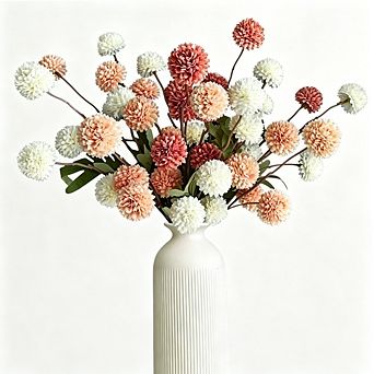 10 pc Artificial Pompon Mums with Long Stems, Faux Floral Arrangement for Fall (No Vase)