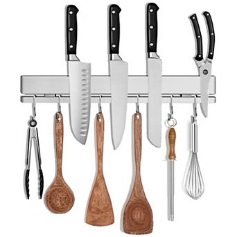12 Inch No-Drill Magnetic Knife Strip with 6 Hooks, Wall Mounted Knife & Utensil Organizer
