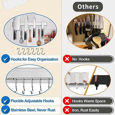 12 Inch No-Drill Magnetic Knife Strip with 6 Hooks, Wall Mounted Knife & Utensil Organizer