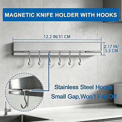 12 Inch No-Drill Magnetic Knife Strip with 6 Hooks, Wall Mounted Knife & Utensil Organizer
