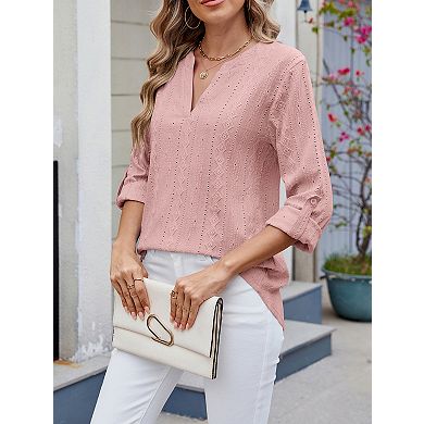 Women's Casual V Neck 3/4 Sleeve Blouse Top