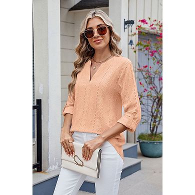 Women's 3/4 Sleeve Casual V Neck Blouse Top