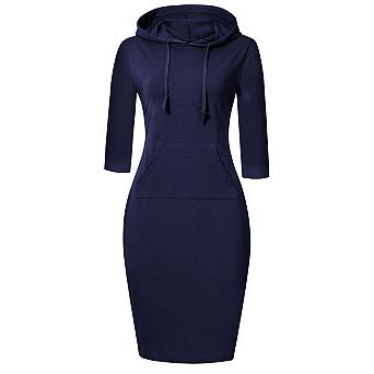 Women's Hooded Midi Dress 3/4 Sleeve Bodycon Casual Hoodie Dress