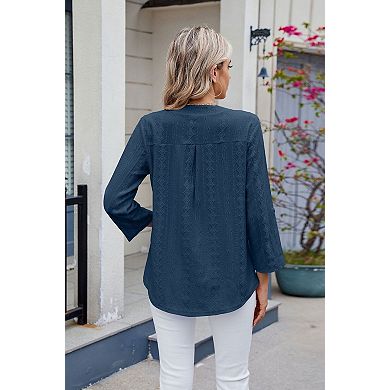 Women's Casual V Neck 3/4 Sleeve Blouse Top