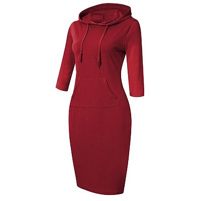 Women's 3/4 Sleeve Hooded Midi Dress Bodycon Casual Hoodie Dress