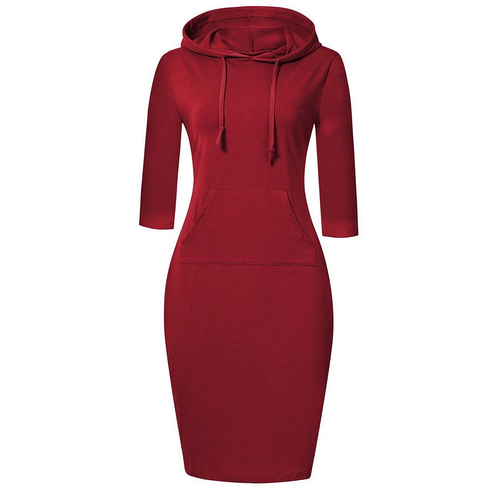 Women's 3/4 Sleeve Hooded Midi Dress Bodycon Casual Hoodie Dress