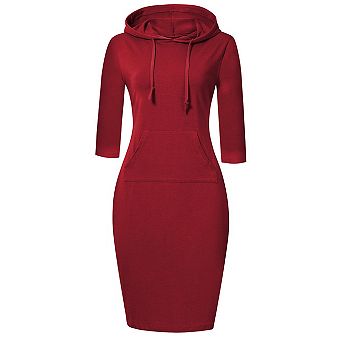 Women's 3/4 Sleeve Hooded Midi Dress Bodycon Casual Hoodie Dress