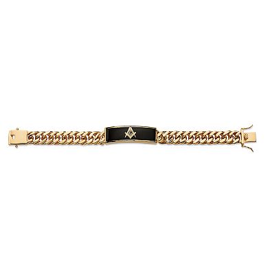 Men's Genuine Onyx Masonic Gold-Plated Insignia Curb-Link Bracelet 8"