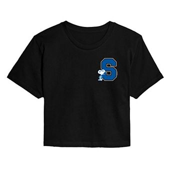 Juniors' Peanut Snoopy Collegiate Letter Cropped Tee