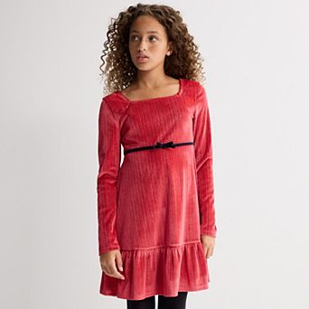 Girls 7-20 SO® Long Sleeve Velvet Ruffle-Hem Dress in Regular & Plus Size