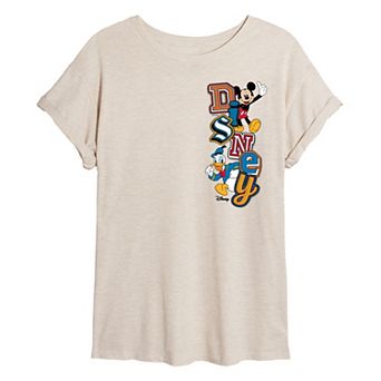 Juniors' Disney's Mickey & Donald Patch Logo Oversized Tee