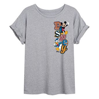 Juniors' Disney's Mickey & Donald Patch Logo Oversized Tee