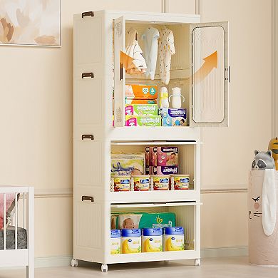 Pnronnc Kids Portable Wardrobe Closet with Hanging Rod and Cube Storage