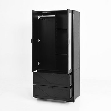 Pnronnc Bedroom Wardrobe Armoire with Hanging Rod, Storage Compartments and Drawers