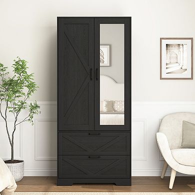 Pnronnc Bedroom Wardrobe Armoire with Hanging Rod, Storage Compartments and Drawers