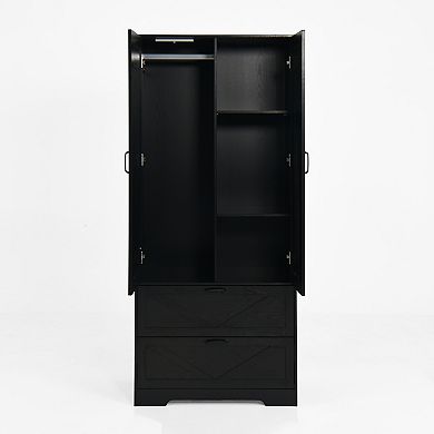 Pnronnc Bedroom Wardrobe Armoire with Hanging Rod, Storage Compartments and Drawers