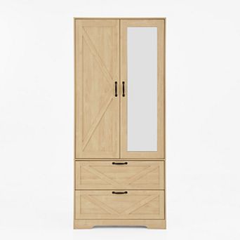 Pnronnc Bedroom Wardrobe Armoire with Hanging Rod, Storage Compartments and Drawers