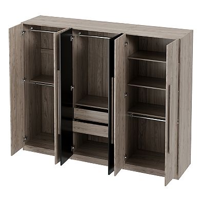 Pnronnc Wardrobe with 6 Doors 2 Drawers 3 Hanging Rod Storage Compartments for Bedroom