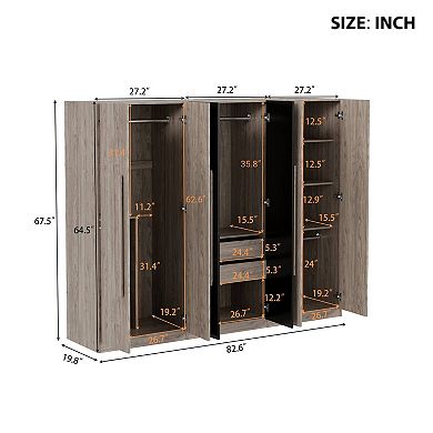 Pnronnc Wardrobe with 6 Doors 2 Drawers 3 Hanging Rod Storage Compartments for Bedroom