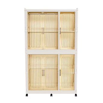 Pnronnc Kids Wardrobe Closet with Hanging Rod Storage Cubes and Lockable Wheels