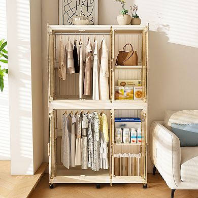 Pnronnc Kids Wardrobe Closet with Hanging Rod Storage Cubes and Lockable Wheels