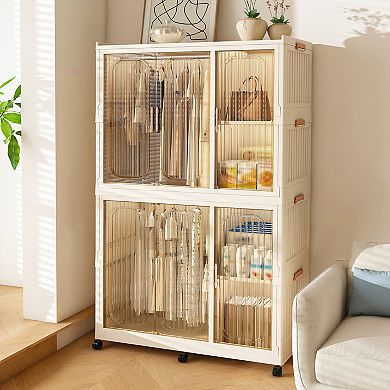 Pnronnc Kids Wardrobe Closet with Hanging Rod Storage Cubes and Lockable Wheels