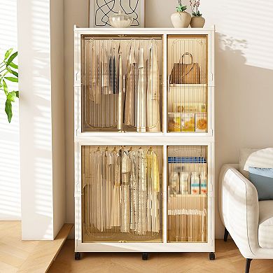 Pnronnc Kids Wardrobe Closet with Hanging Rod Storage Cubes and Lockable Wheels