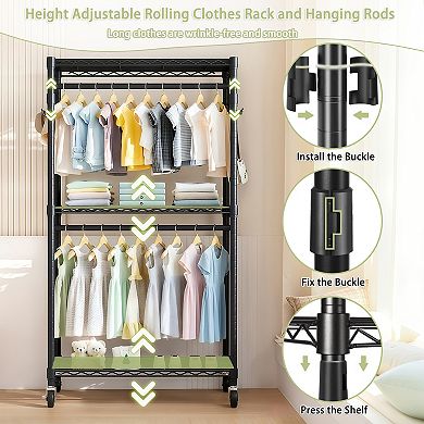 Pnronnc Clothes Rack Open Shelving Wardrobe with 2 Clothes Rails and Side Hooks