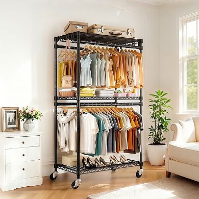 Pnronnc Clothes Rack Open Shelving Wardrobe with 2 Clothes Rails and Side Hooks