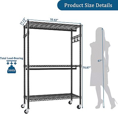 Pnronnc Clothes Rack Open Shelving Wardrobe with 2 Clothes Rails and Side Hooks