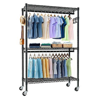 Pnronnc Clothes Rack Open Shelving Wardrobe with 2 Clothes Rails and Side Hooks
