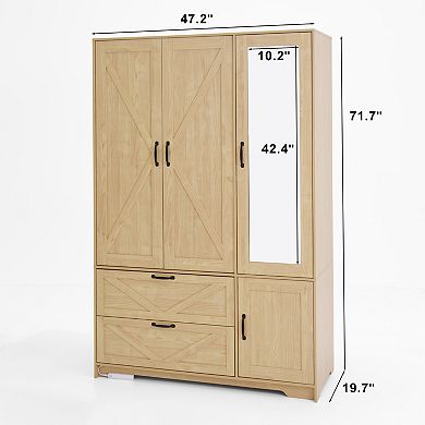 Pnronnc Modern 4 Door Wardrobe Closet with Motion Sensor LED Light, Mirror, 2 Drawers