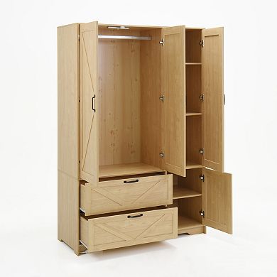 Pnronnc Modern 4 Door Wardrobe Closet with Motion Sensor LED Light, Mirror, 2 Drawers