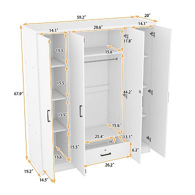 Pnronnc Clothing Wardrobe Modern 4 Door Wardrobe with Locking Drawer