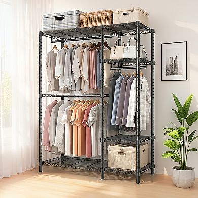 Pnronnc Modern Metal Clothes Rack Open Shelving Wardrobe with Adjustable Wire Shelving