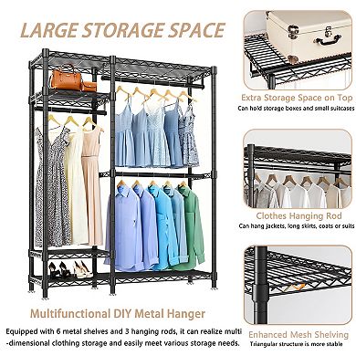 Pnronnc Modern Metal Clothes Rack Open Shelving Wardrobe with Adjustable Wire Shelving
