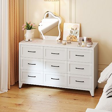 Pnronnc Modern 9 Drawer Metal Storage Dresser Low Profile Storage Chest with Smooth Glide Drawers