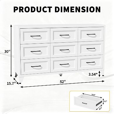 Pnronnc Modern 9 Drawer Metal Storage Dresser Low Profile Storage Chest with Smooth Glide Drawers