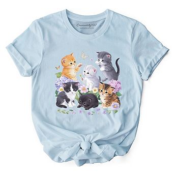 Cute Baby Cats Wildflower T-Shirt, Cottagecore Botanical Cat Tee