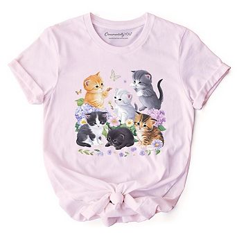 Cute Baby Cats Wildflower T-Shirt, Cottagecore Botanical Cat Tee