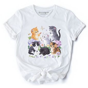 Cute Baby Cats Wildflower T-Shirt, Cottagecore Botanical Cat Tee