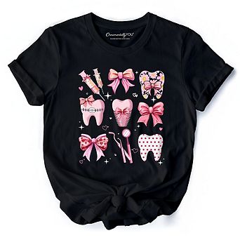 Dental Squad Coquette T-Shirt, Pink Teeth Dentist Life Bow Tee