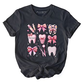Dental Squad Coquette T-Shirt, Pink Teeth Dentist Life Bow Tee