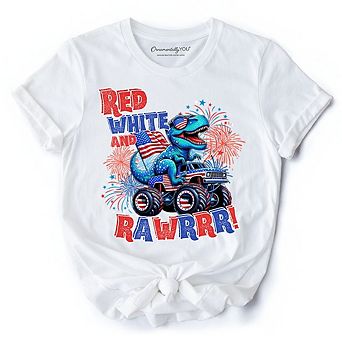 Patriotic Dinosaur Monster Truck T-Shirt, Red White and Rawrr 4th of July Tee