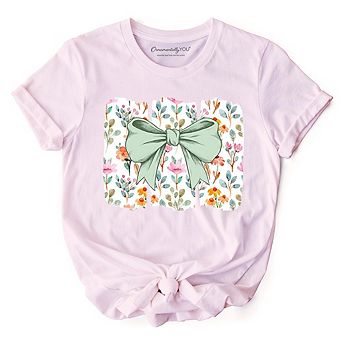 Floral Coquette Bow T-Shirt, Cute Spring Preppy Girly Flowers Tee