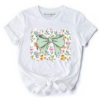 Floral Coquette Bow T-Shirt, Cute Spring Preppy Girly Flowers Tee