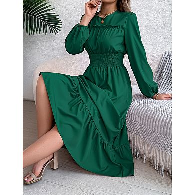 Women's Long Sleeve Ruffle Trim Smocked Waist A-Line Maxi Dress