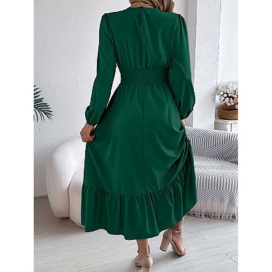 Women's Long Sleeve Ruffle Trim Smocked Waist A-Line Maxi Dress