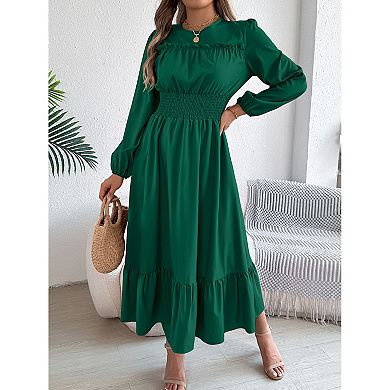 Women's Long Sleeve Ruffle Trim Smocked Waist A-Line Maxi Dress