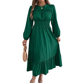 Women's Long Sleeve Ruffle Trim Smocked Waist A-Line Maxi Dress